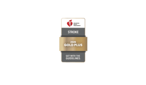 American Heart Association Stroke 2026 Gold Plus award badge with Get with the Guidelines text